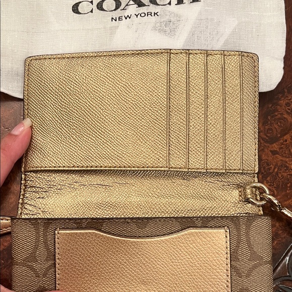 Coach Tan and Brown Signature wallet Wristlet Gold strap hardware - Picture 6 of 8